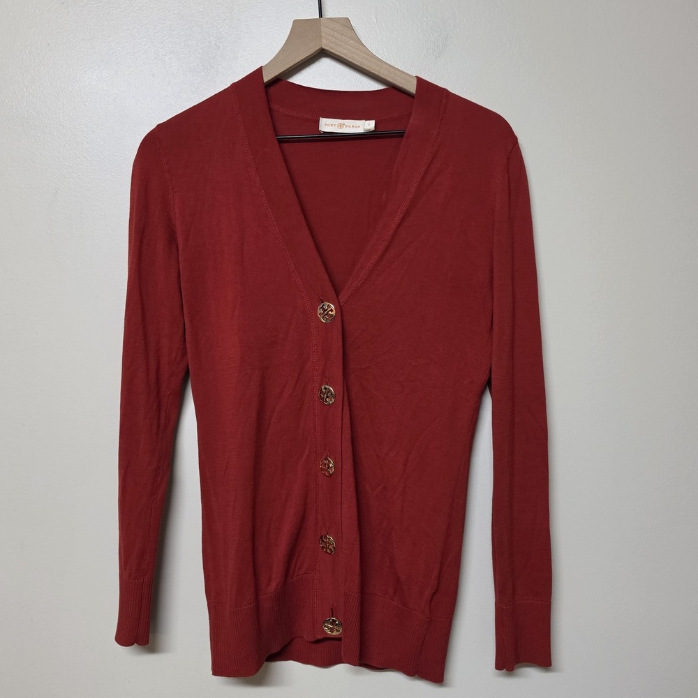 Tory Burch Womens S Red 100% Cotton Cardigan Sweater Gold Logo Buttons V Neck